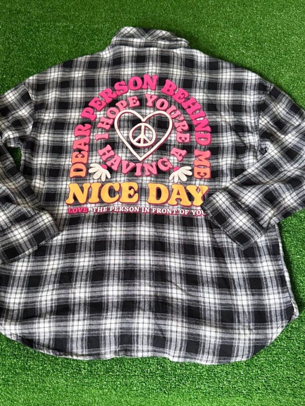 Justice Girls Plaid Shirt Size M Black Long Sleeve Button Up “Nice Day”  Top